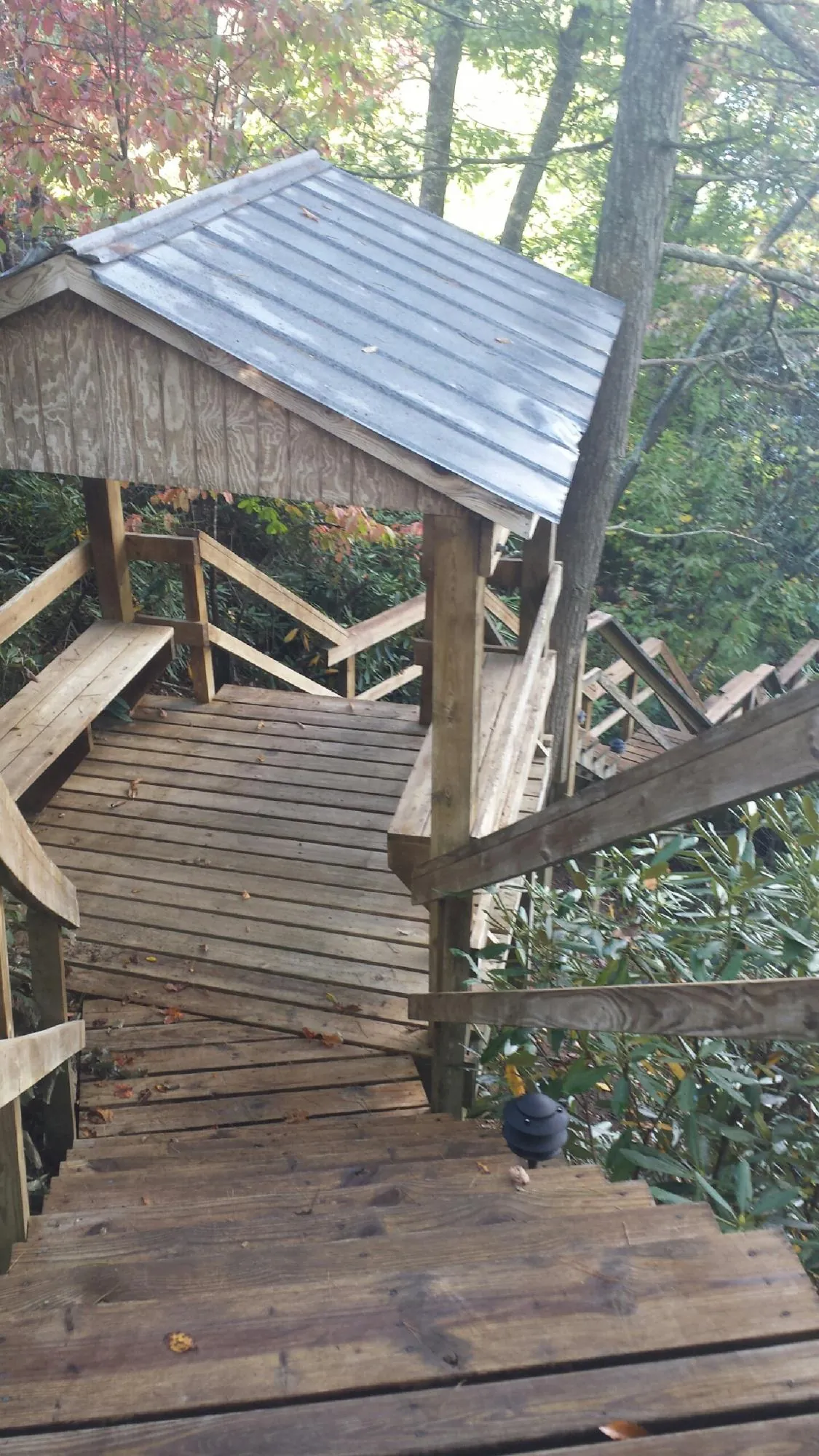 Metal roofed shelter over wooden steps on a wooded walkway — Skylight Repair & Installation work by our crew in Newton